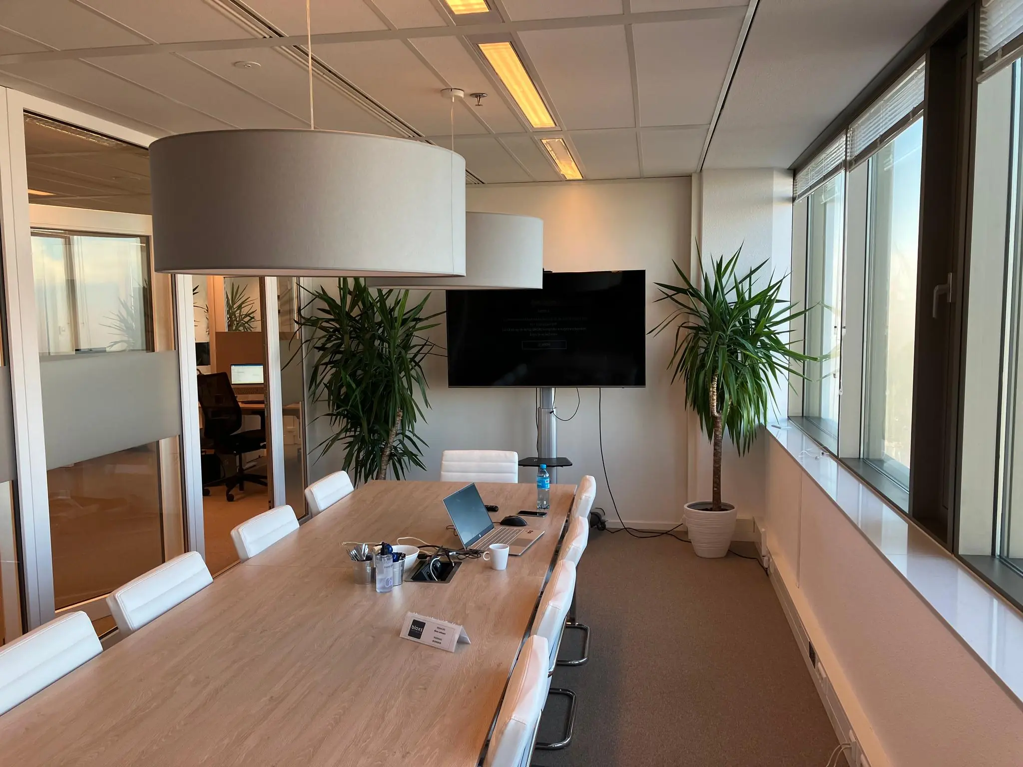 Moderne vergaderruimte aan de Vliegend Hertlaan met lange tafel, grote ramen, planten, scherm en kantoorbenodigdheden.